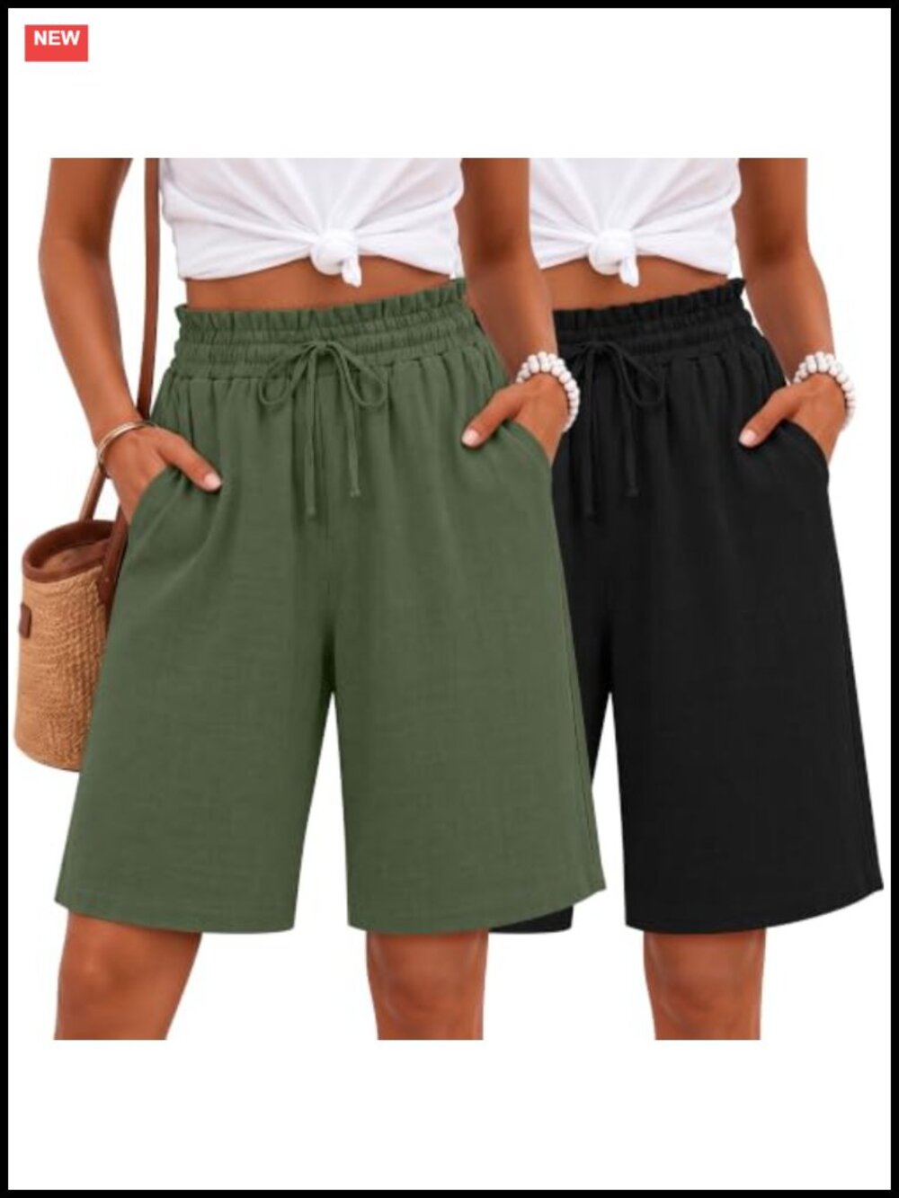 2 Pack Women's Linen Wide Leg Bermuda Shorts High Waist Pull On